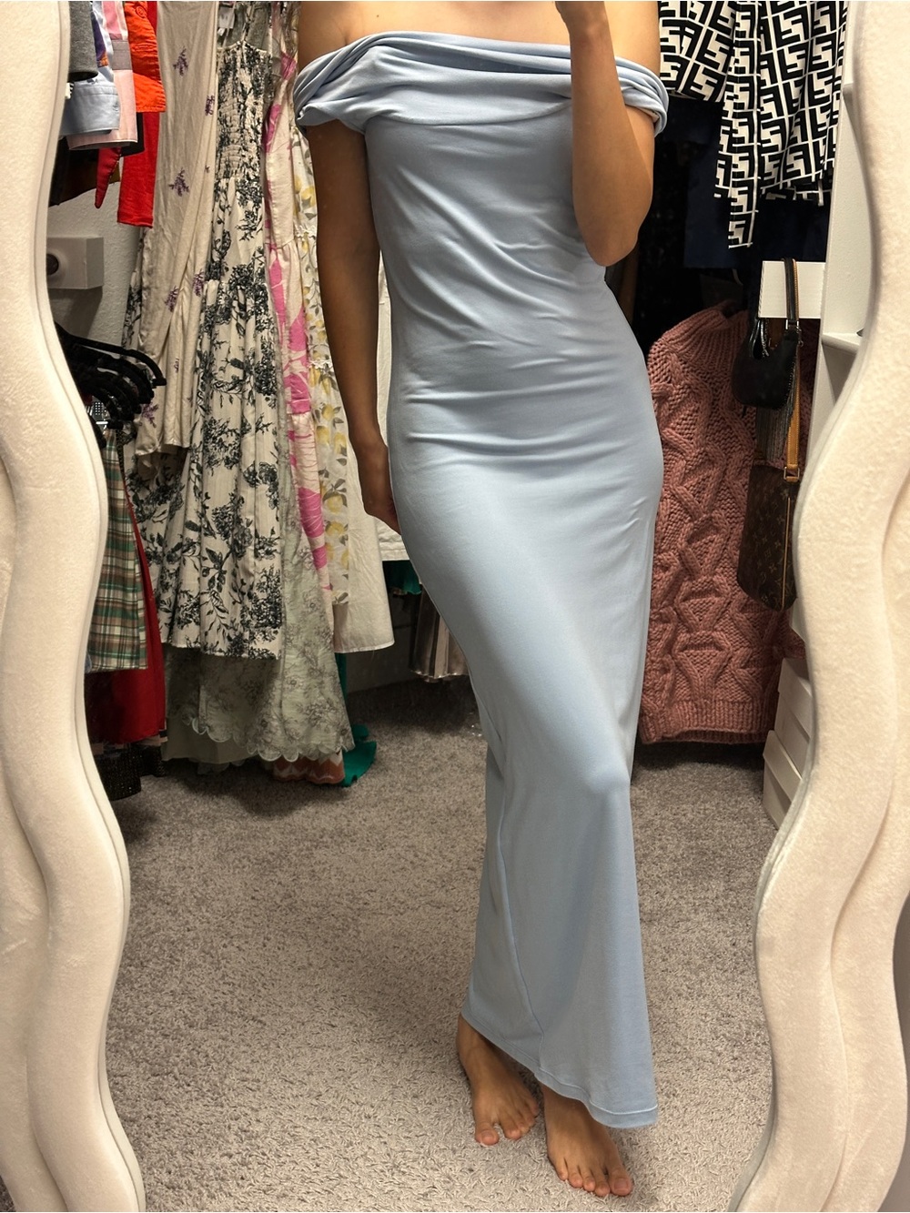 Off-Shoulder Light Blue Maxi Dress (super bump friendly)
